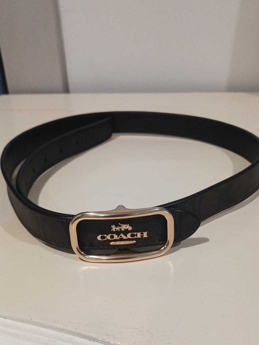 Coach Black Signature Leather Belt with Gold-Tone Logo Buckle